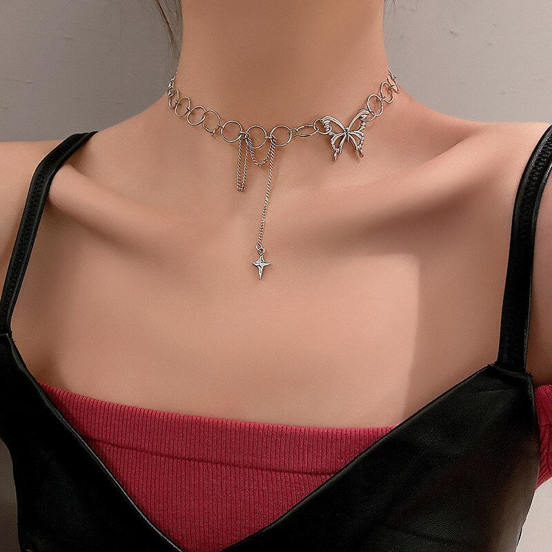 Aveuri 2023 New Punk Trendy Butterfly Circle Stitching Cross Pendant Clavicle Chain Choker Necklace For Women Party Accessories