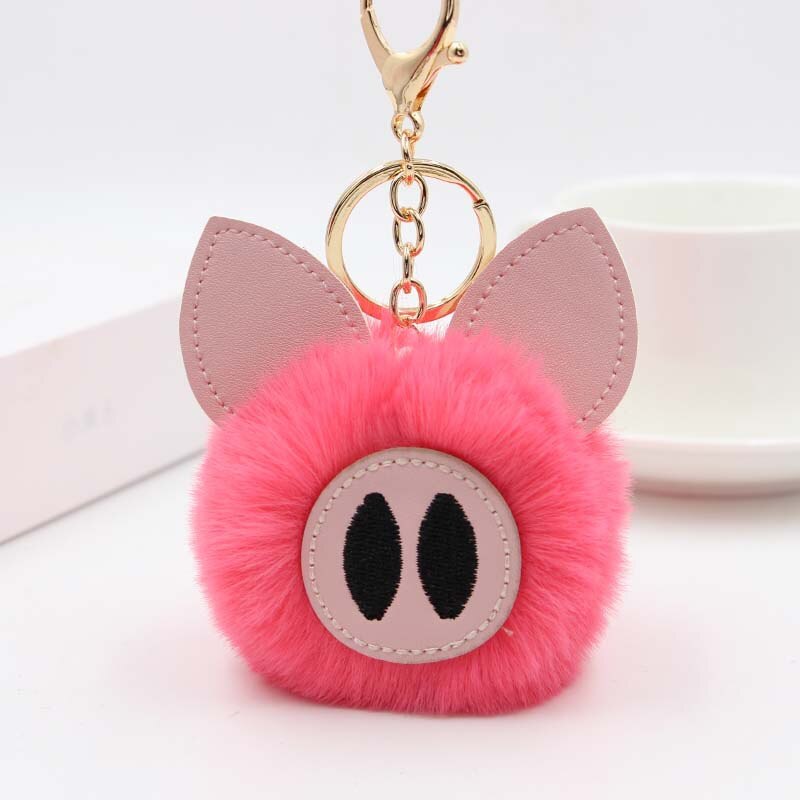 Aveuri Cute Women's Piggy Fur Ball Keychain Cartoon Pig Fur Pom Pom Keychain Bag Purse Car Key Holder Fluffy Keyring Pendant Llaveros