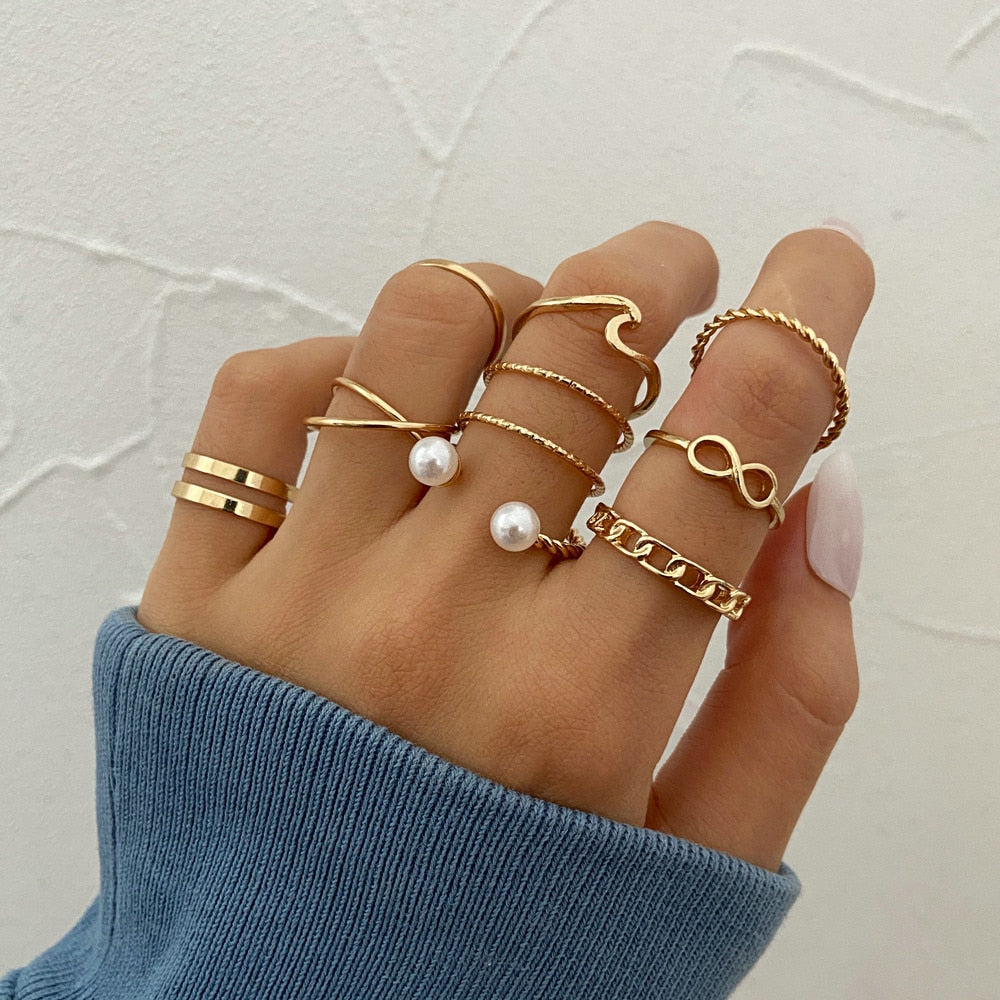 LATS Bohemian Gold Chain Rings Set For Women Fashion Boho Coin Snake Moon Star Rings Party 2023 Female Trend Jewelry Gifts