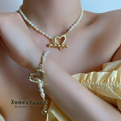 Aveuri 2023 Baroque Natural bead Metal Heart-shaped Choker Necklace For Woman Korean Fashion Jewelry Girl's Sexy Suit Clavicle Chain