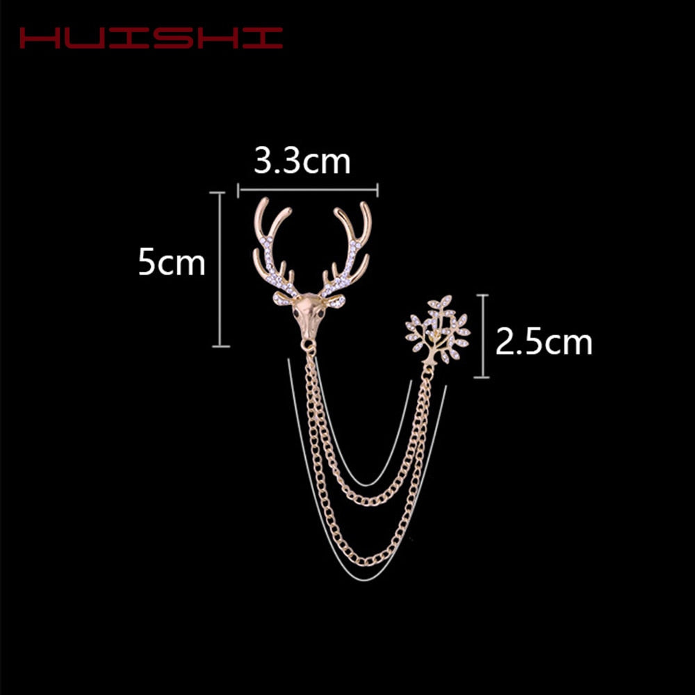 HUISHI Trendy Brooches Reindeer Crown chain Brooch Fashion Metal Cross Dragon Crystal Chain Tassel Badge Pin Collar Accessory