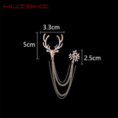 HUISHI Trendy Brooches Reindeer Crown chain Brooch Fashion Metal Cross Dragon Crystal Chain Tassel Badge Pin Collar Accessory