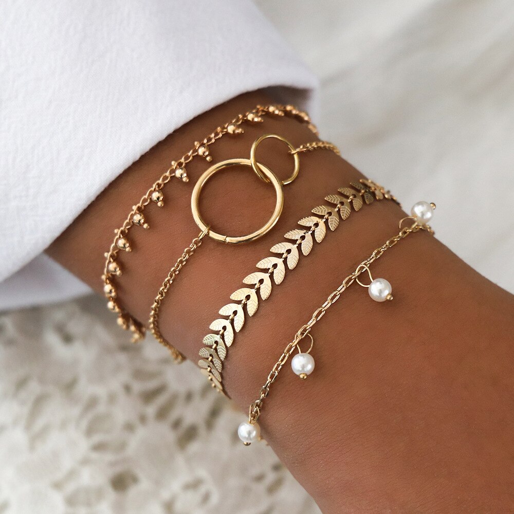 AVEURi 2023 4Pcs/Set Bohemian Gold Chain Bracelets & Bangles Vintage Exaggeration Beads Bracelet For Girls Women Jewelry