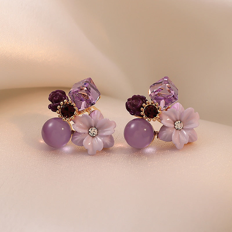 Christmas Gift Noble Purple Crystal Flower Stud Earrings For Woman 2023 Korean Fashion Jewelry Wedding Party Girl's Elegance Set Accessories