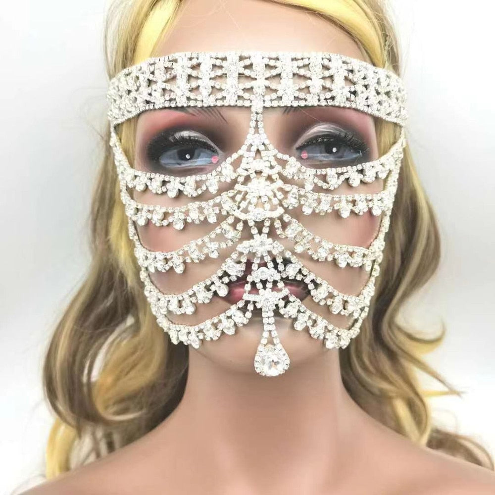Aveuri 2022 INS Crystal Hollow Tassel Face Mask Decorations Face Jewelry For Women Party Rhinestone Bling Tassel Veil Masquerade Mask