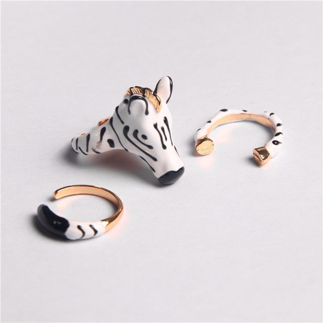 Aveuri 2023 New 3Pcs/Set Funny Animal Enamel Glaze Zebra Deer Panda Metal Combination Rings For Women Girls Jewelry Christmas Gifts