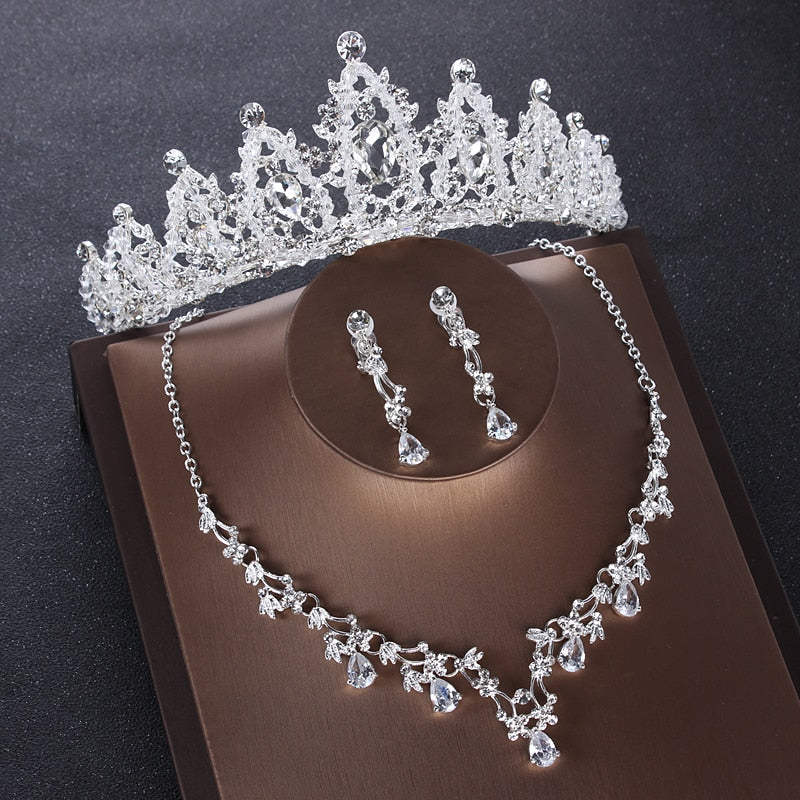 Luxury Heart Crystal Bridal Jewelry Sets Wedding Cubic Zircon Crown Tiaras Earring Choker Necklace Set African Beads Jewelry Set