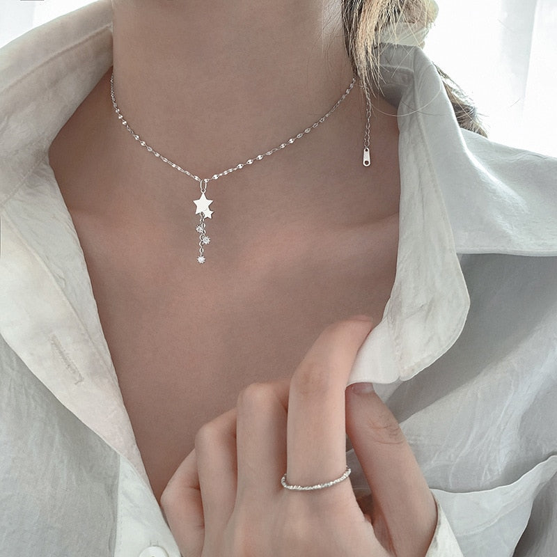 Christmas Gift 2023 New alloy Link Chain Necklace For Women Couples Tassel Star Bead Pendent Elegant Bride Jewelry dz598