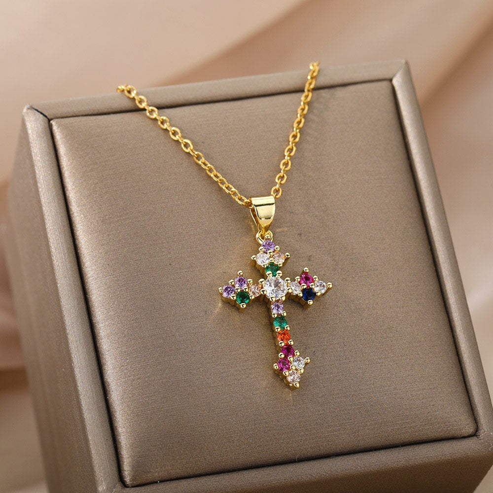 Aveuri Cross Necklace For Women Man Shiny Multicolor Crystal Zircon Moon Couple Choker Pendant Necklace Christmas Party Jewelry Gift