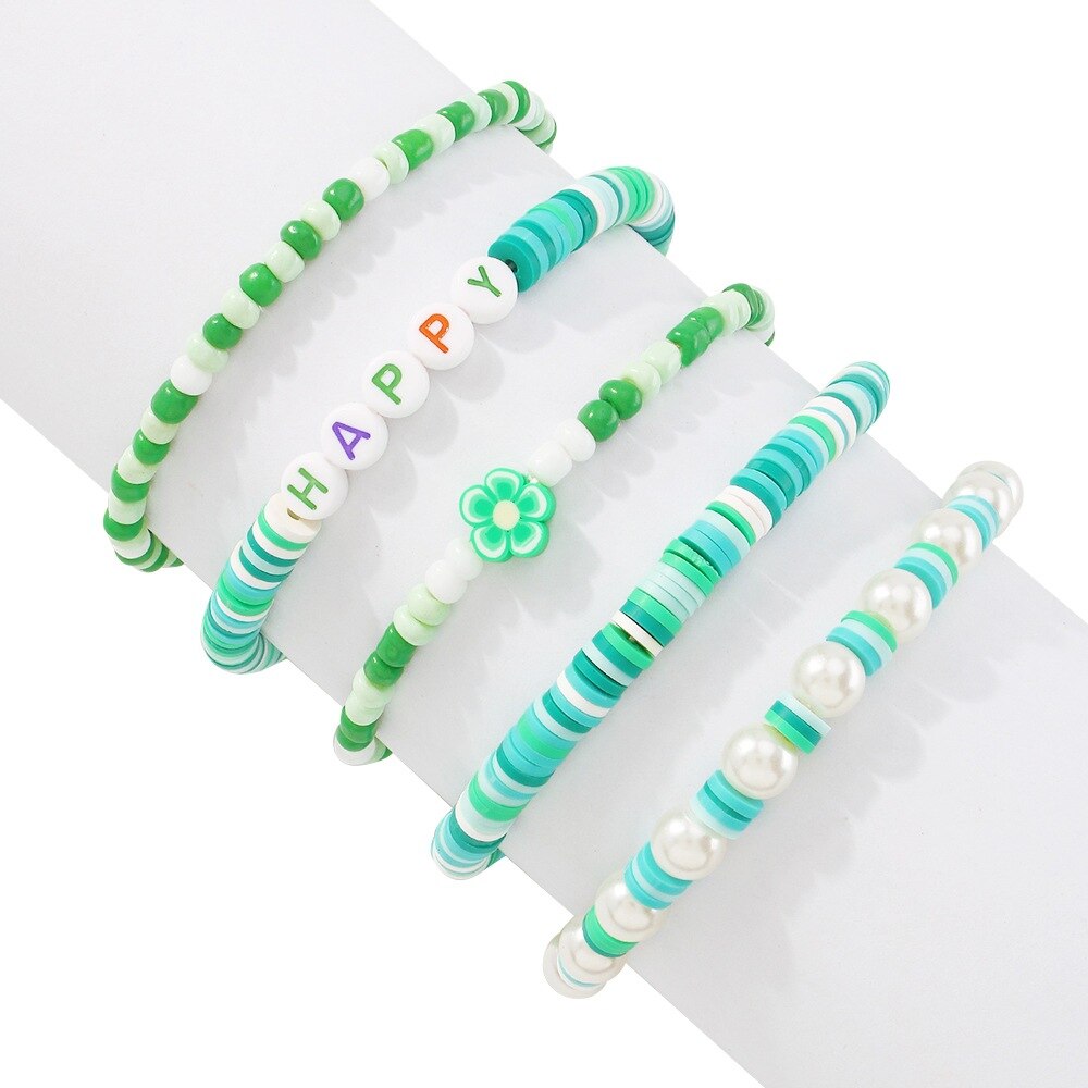 AVEURi 2023 5 Colors Bohemian Ethnic Soft Clay Imitation Pearl Bracelet Sets For Women New Multicolor Letters Beads Snowman Bracelet