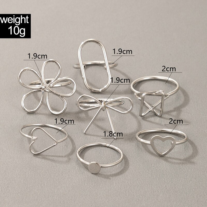 Tocona 7pcs/sets Big Flowers Silver Color Ring Sets for Women Cute Hollow Out Heart Bowknot Alloy Metal Jewelry Anillo  19717