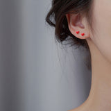 Temperament Women Red Love Asymmetric Drip Glaze Earrings Small Stud for Girfriend Fashion Jewelry Wedding Party Gift