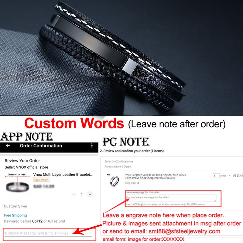 Vnox Multi Layer Leather Bracelets for Men Women Customizable Engraving Stainless Steel Casual Personalized Bangle