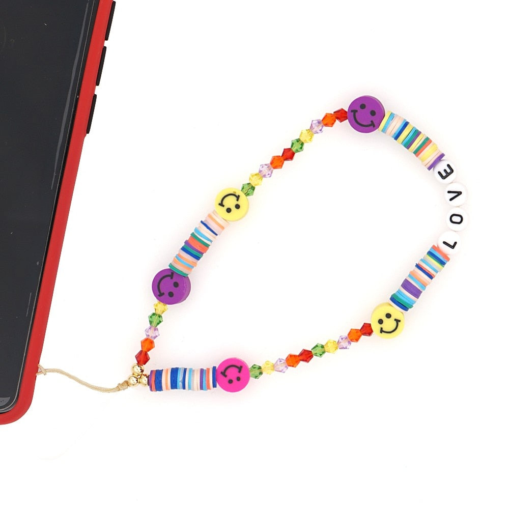 Shinus Heishi Disc Beads Crystal Chain For Phone Mobile Phone Lanyard Smile Cell Phone Chains 2021 LOVE Letter String Wristband