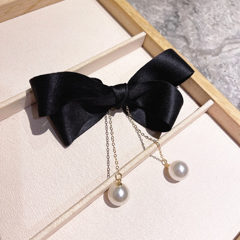 Aveuri 2024 Simple Design bead Tassel Flannel Bow Hairpin Handmade Fashion Design Spring Clip Chain Pendant Hairpin