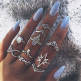 Aveuri Bohemia Elephant Crown Flower Rings Set Silver Color Finger Rings for Women Party Knuckle Jewelry Anillos