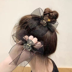 Aveuri 2022 Elegant Temperament Bow Tie Hair Tie Simple Organza Hair Rope Hair Accessories Exquisite Cute Rhinestone Bear Head Rope