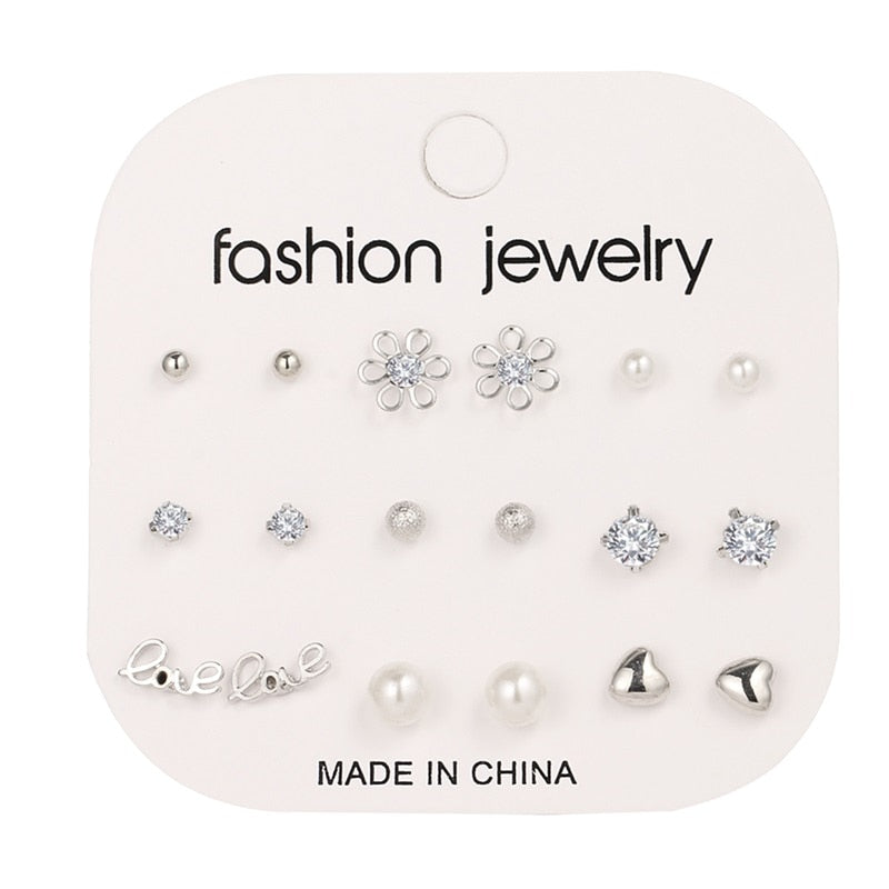 Christmas Gift EN 7Pairs/Set Crystal Heart Leaves Stud Earrings For Women Charm Rhinestone Small Pearl Earrings Set Jewelry Girls Gifts Brincos