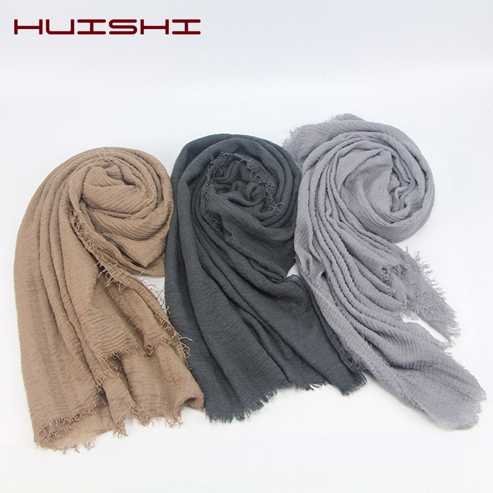 HUISHI Head Scarf Women Wholesale Price 70*180cm Women Muslim Crinkle Hijab Scarf Femme Musulman Soft Cotton Headscarf Islamic