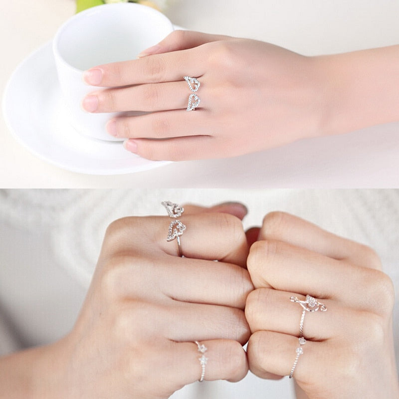 Korean Style Angel Wings Ring Adjustable Rhinestone Finger Rings For Women Silver Color Female Party Birthday Jewelry Gift