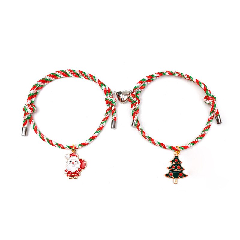 Christmas Gift 2pcs Couple Magnet Bracelet with Christmas Santa Claus Attraction Rope Magnet Couple Pendant Bracelet Bangles Lovers Jewelry