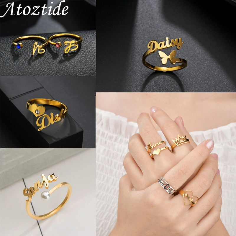 Christmas Gift Atoztide Custom Double Name Rings Stainless Steel Adjustable Personlized Women Wedding Rings Unique Chrismas Jewelry Gifts