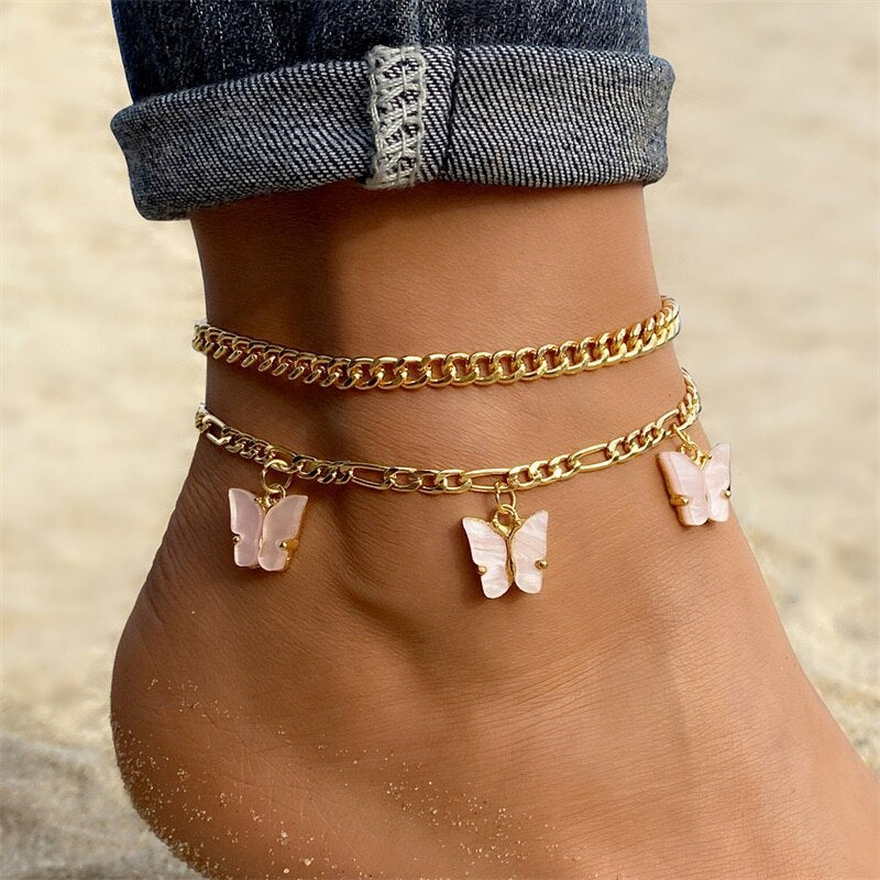 Christmas Gift EN Fashion Multilayer Cute Butterfly Anklets for Women Bohemian Simple Anklet Gold Color Chain Ankle Bracelet on Leg