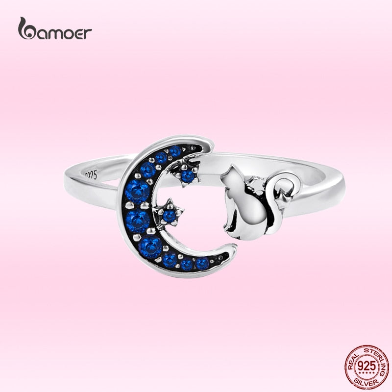 AVEURI Blue Moon Fashion Ring Genuine Alloy Cute Cat Animal Open Adjustable Ring for Women Elegant Party Jewelry