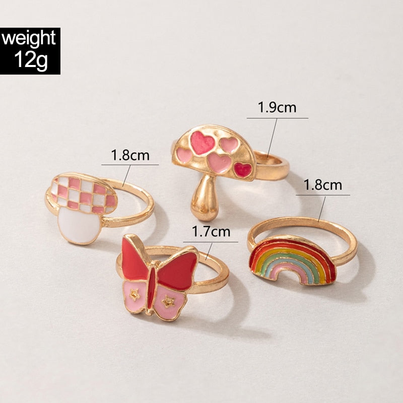 Aveuri 4pcs/sets Colorful Dripping Oil Rainbow Mushroom Ring Sets for Women Pretty Butterfly Party Jewelry Accessories 19844