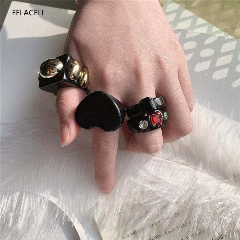 Aveuri 2023 New Ins Colorful  Acrylic Zircon Black Resin Acetic Acid Ring For Women Girl Party Daily Jewelry