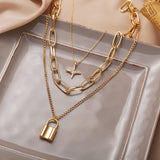 LATS Fashion Multi Layer Lock Portrait Pendants Necklaces For Women Gold Metal Key Heart Necklace New Design Jewelry Gift