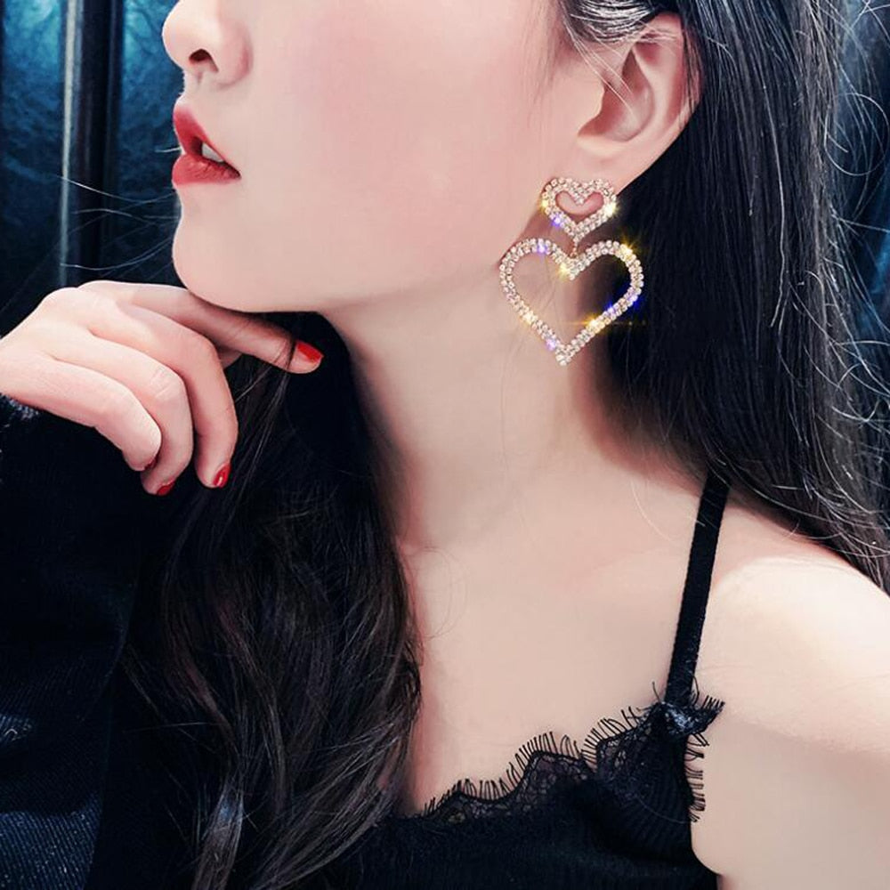 Christmas Gift 2023 New Fashion Women Exaggerated Crystal Double Heart Earrings Contracted Joker Long Drop Earrings Jewelry Accessories