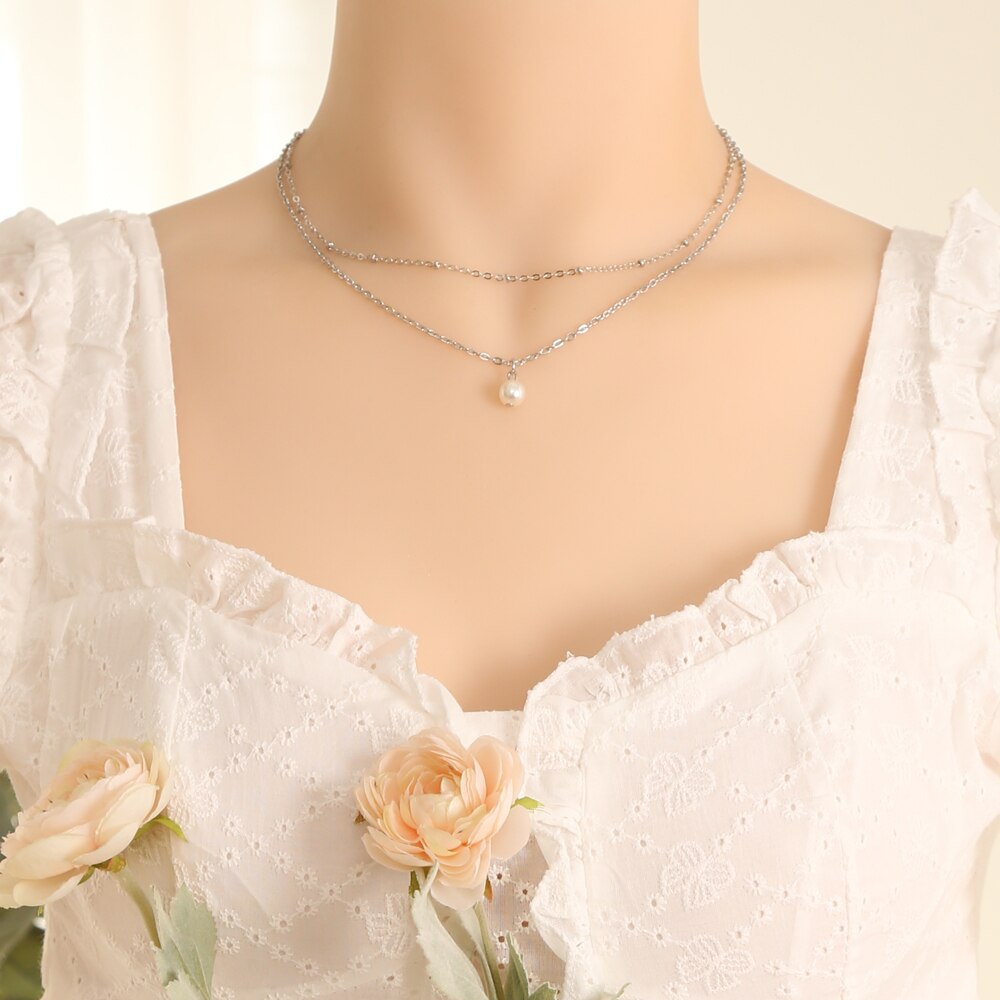 LATS 2023 New Fashion Kpop Pearl Choker Necklace for Women Cute Double Layer Round Chain Pendant Necklaces Jewelry Girl Gift