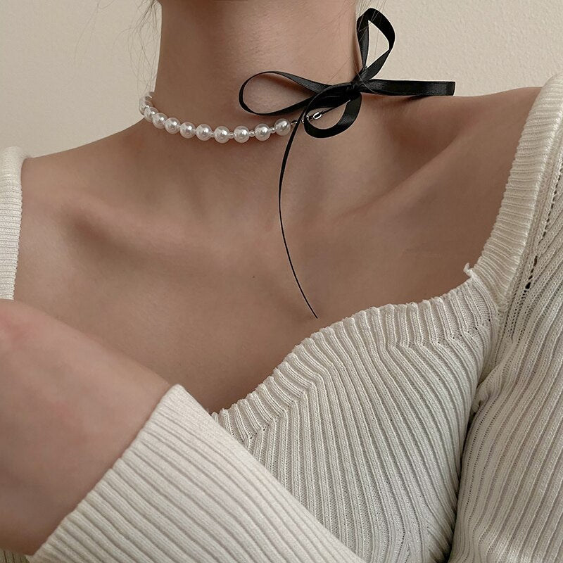 Aveuri 2023 Korea Sweet Black Velvet Bow Double Necklace Simple Bowknot Plush Pearl Clavicle Chain Collar For Women Lady Jewelry