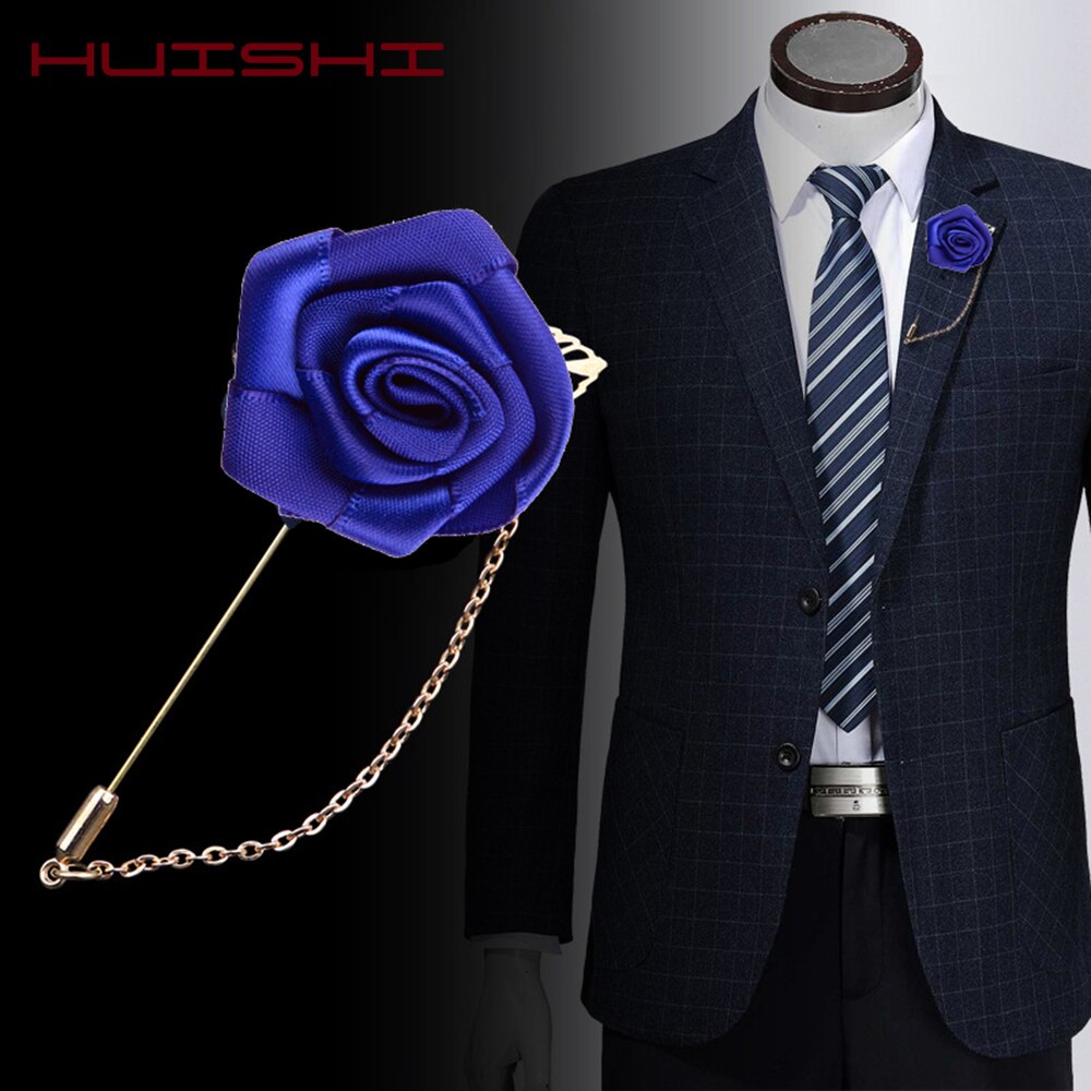 HUISHI Brooch For Men Korean Handmade Fashion New Ribbon Flower Lapel Pin Fabric Rose Flowers Brooch Men's Gold Chain Leaf Suit