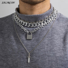 Aveuri Punk Sword Dagger Padlock Pendant Necklace for Men Women Vintage Silver Color Chunky Chain Choker Necklace Jewelry Gift