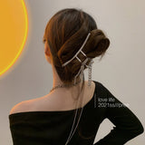 AVEURI 2022 Korea Cool Metal Long Chain Tassel Rhinestone Hair Clips Shaped Back Head Pan Hair Large Claw Clips For Women Hairaccessories