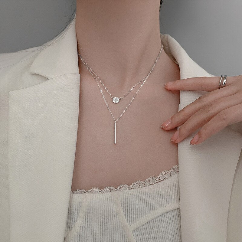 AVEURI Hot  Square Flash Diamond Round Double Necklace Women Clavicle Chain Fine Jewelry Party Wedding AccessoHot  sterling silver Square Flash Diamond Round Double Necklace Women Clavicle Chain Fine Jewelry Party Wedding Accessories