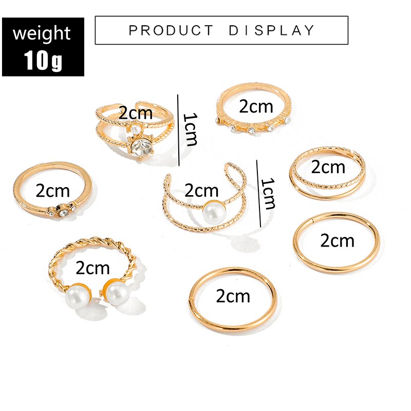 Tocona 8Pcs /set Bohemian Gold Open Pearl Finger Rings for Women Elegant Ladies Wedding knuckle Ring Jewelry Accessory 9016