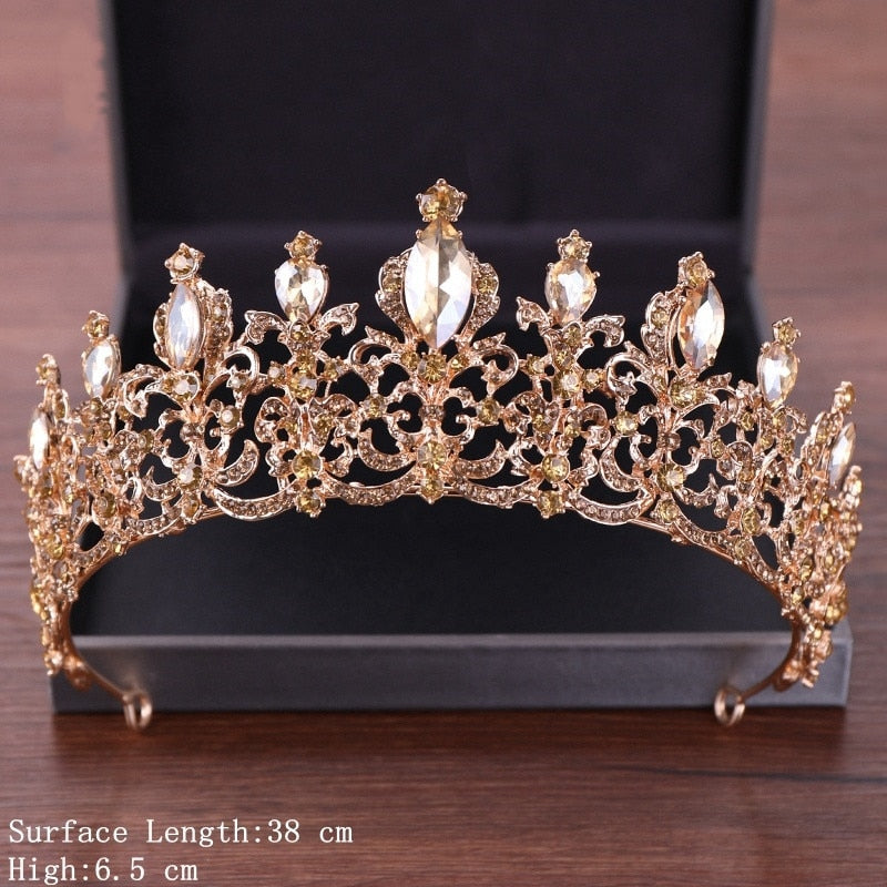 Aveuri Vintage Baroque Queen Tiara Diadem Gold Wedding Crystal Rhinestone Crown Tiaras Bridal Hair Jewelry Wedding Hair Accessories