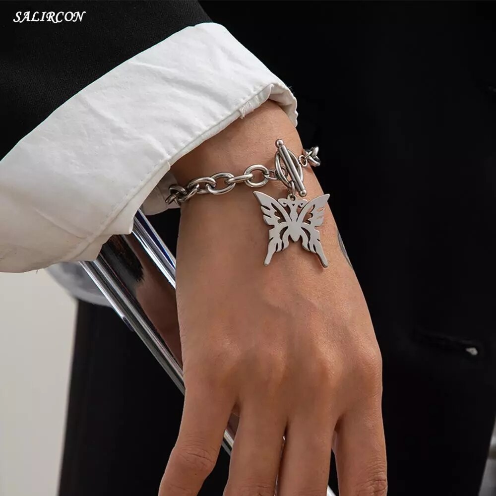 Aveuri Kpop Stainless Steel Lock Pendant Bracelet on Hand Punk Chain Women Men Bracelets Charm Couple Bracelet Jewelry Gift