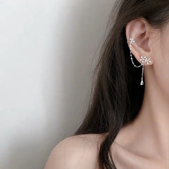 Korean Fashion Flower Zircon Chain Earrings Asymmetry Trendy Rhinestone For Women Personality boucle doreille femme 2023