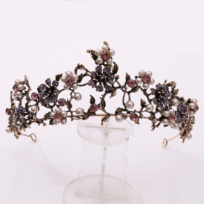 Baroque Vintage Purple Crystal Crown Wedding Bridal Tiaras Hairband Floral Headband Black Princess Gothic Crown