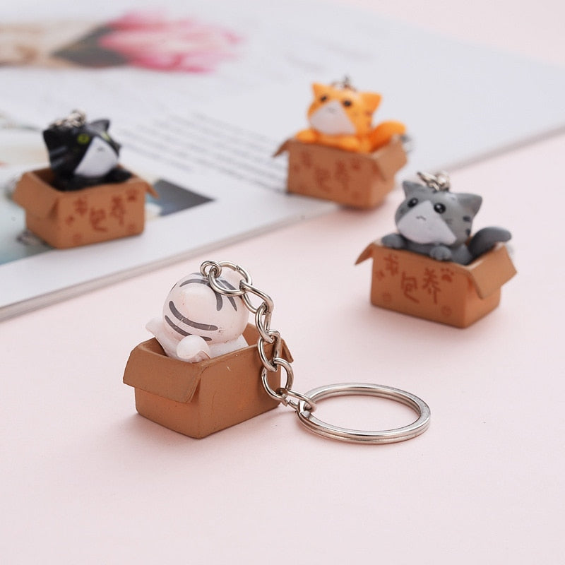 Aveuri Cute Little Box Cat Key Chain Women Men Kawaii Kitten Car Keychain Fashion Letter Keyring Animal Jewelry Dating Anniversary Gift