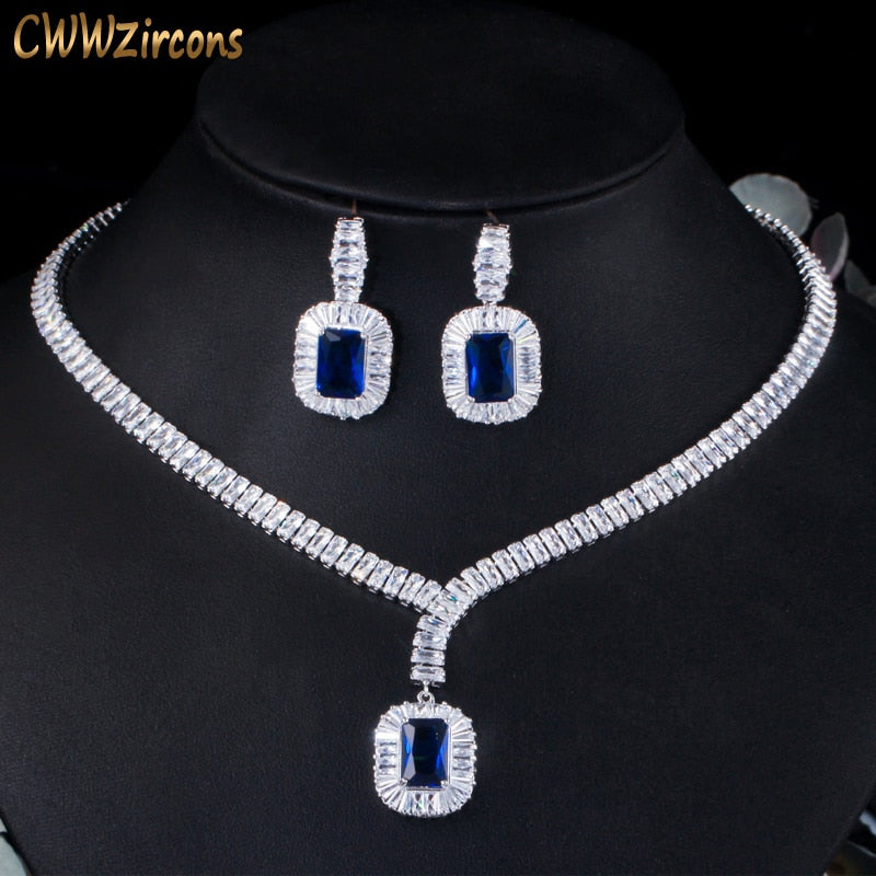 Christmas Gift Bling Square Drop Dark Blue Cubic Zircon Necklace and Earrings Women Party Jewelry Set for Wedding Brides T507