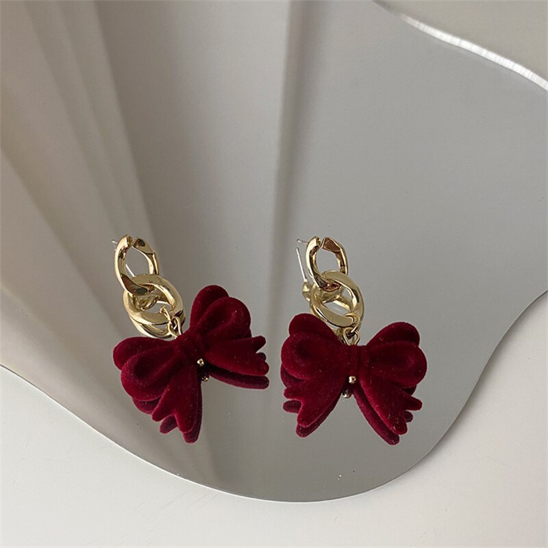 Aveuri 2023 New Fashion Vintage Wine Red Plush Bowknot Ring Earring Personality Simple Autumn And Winter All-Match Jewelry For Women Girls