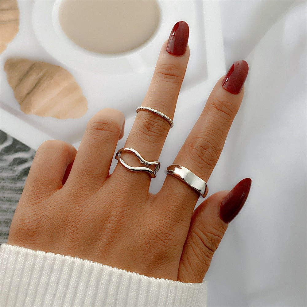 Aveuri Punk Gold Wide Chain Rings Set For Women Girls Fashion Irregular Finger Thin Rings Gift 2023 Female Jewelry Party