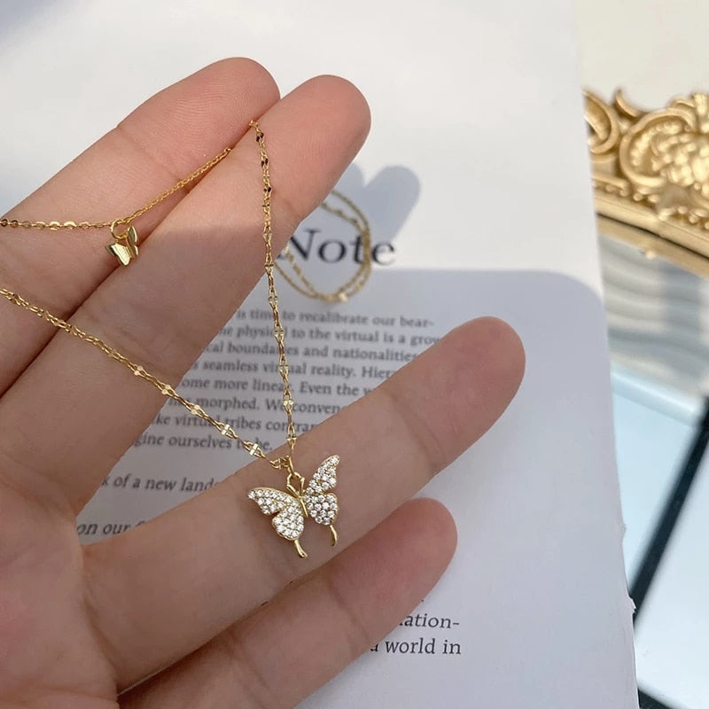Aveuri Christmas Gift Shiny Butterfly Necklace For Women Girls Double Layer Clavicle Chain Party Jewelry dz788