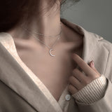 Aveuri Hot Fashion Sterling Silver Double-layer Moon Necklace Women Pendant Clavicle Chain Temperament Trendy Jewelry