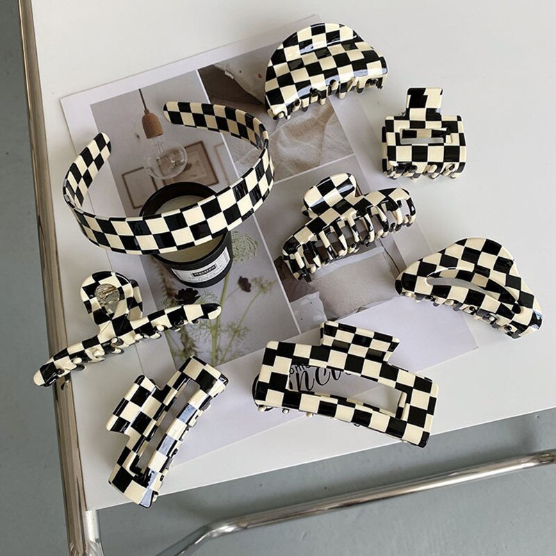 Boutique Black And White Checkerboard Acetate Hair Claws Catch Shark Clips Fashion Hair Accessories Women Cute Hairpin Headband